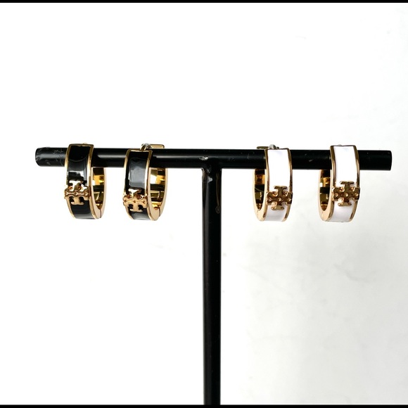 Tory Burch Enameled Black/White Huggies - Picture 1 of 4